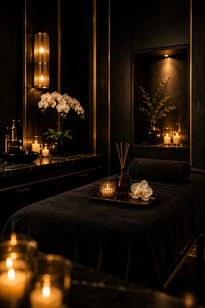 Interior elegante de Velvet Ritual, centro de masajes premium en Zaragoza con ambiente exclusivo y privado